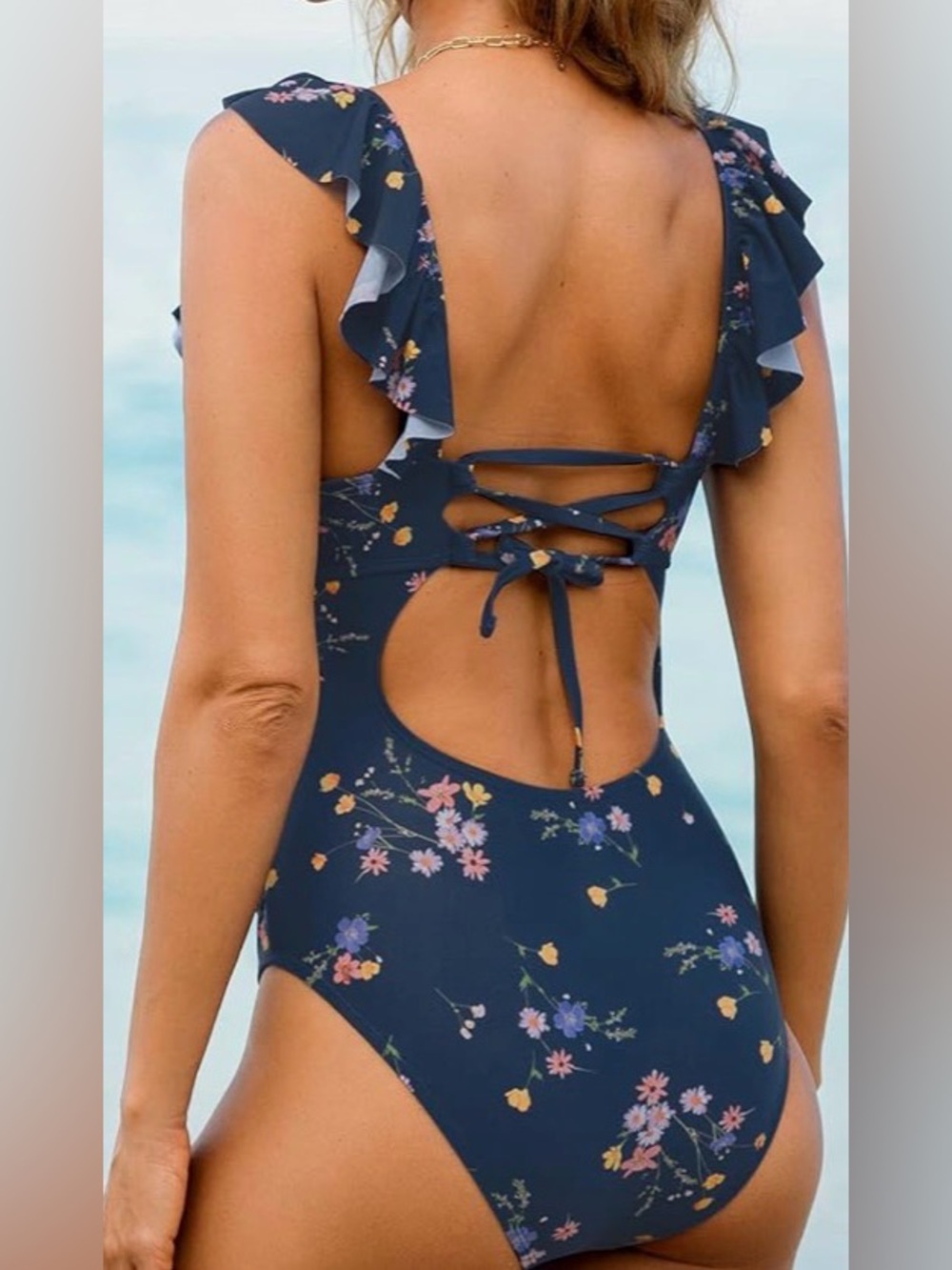 Cupshe Woman’s Navy Floral Ruffle One-Piece Swimsuit Size 6-8 - Picture 3 of 12